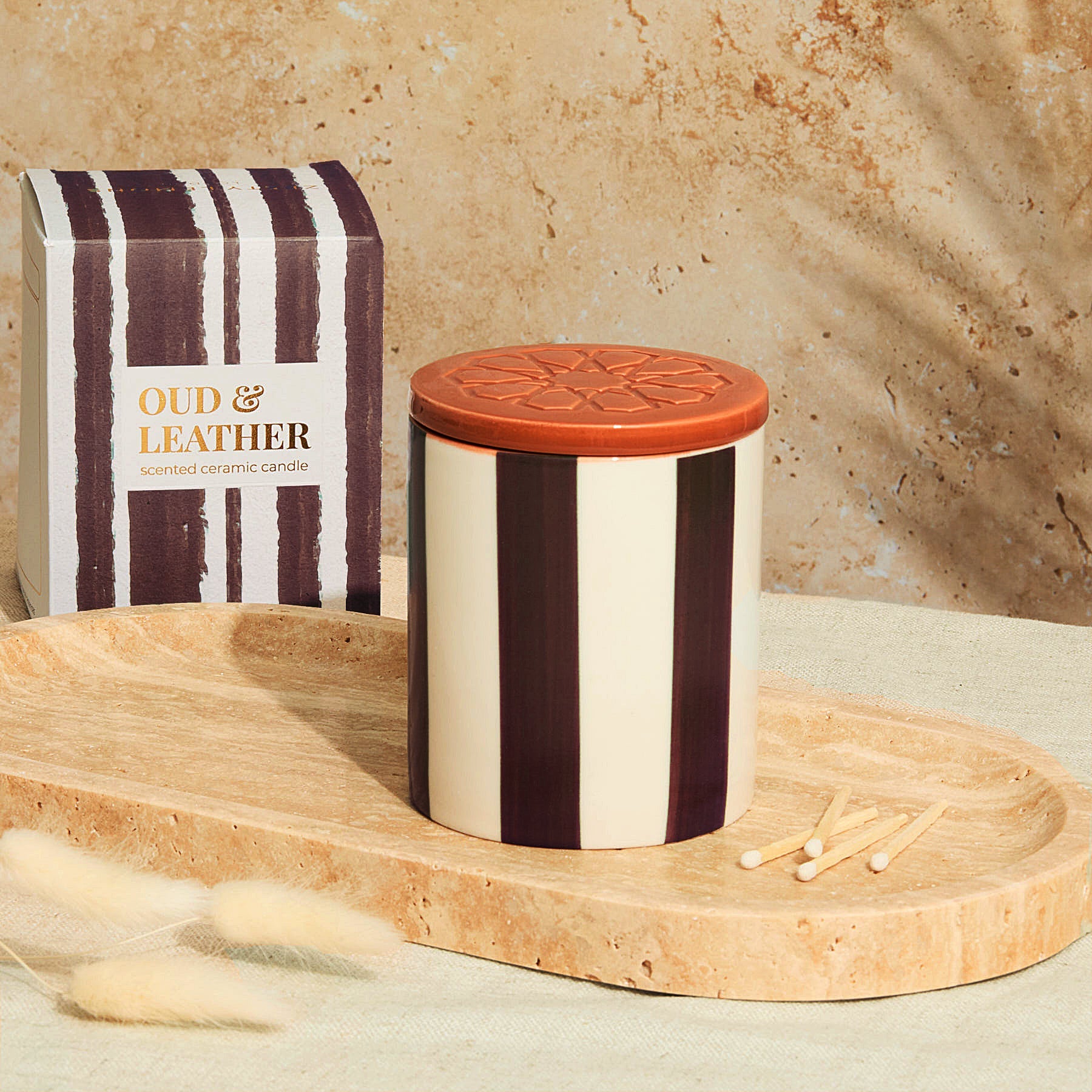 Marrakesh: Chocolate Striped Candle - Tomato Leaf